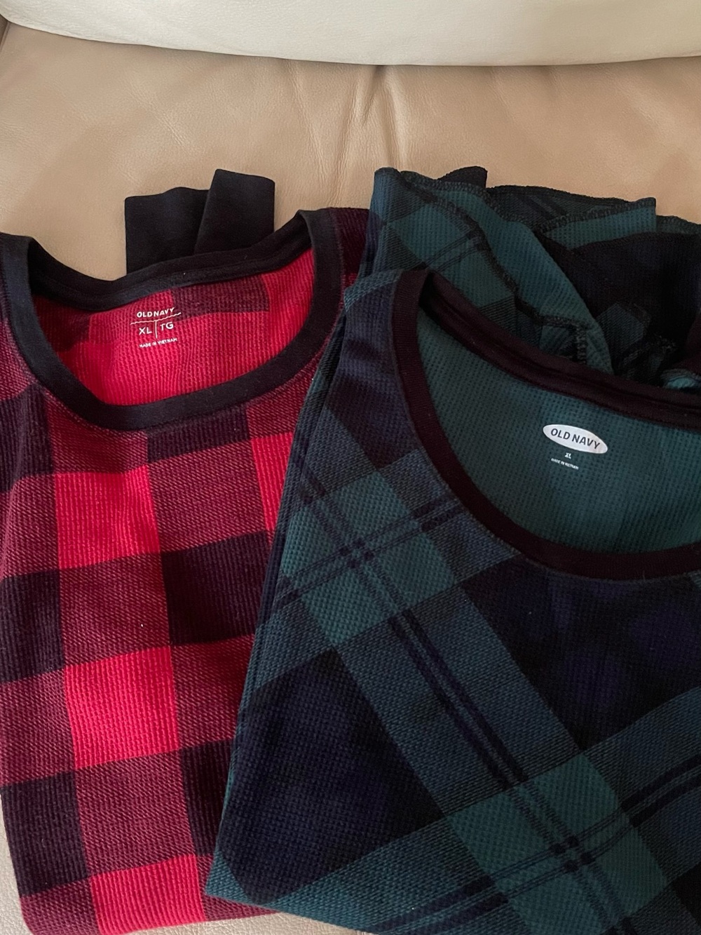 (2) Old Navy Women's Plaid Thermal Tops - Red and Dark Green